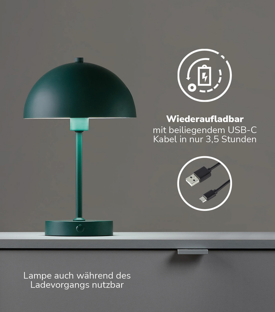 mokebo LED Tischlampe kabellos, Akku Tischleuchte dimmbar & aufladbar mit USB-C