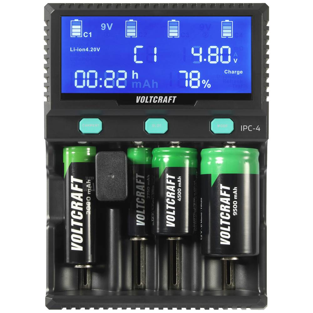 Chargeur Voltcraft IPC 4 cellules rondes (produit de seconde main) pour batteries Li-ion, LiFePo, NiMH, NiCd et LiFePo4
