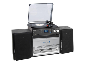 Système stéréo Denver MRD-166 avec lecteur DAB+, platine vinyle, carte SD, radio FM et fonction d'enregistrement USB.