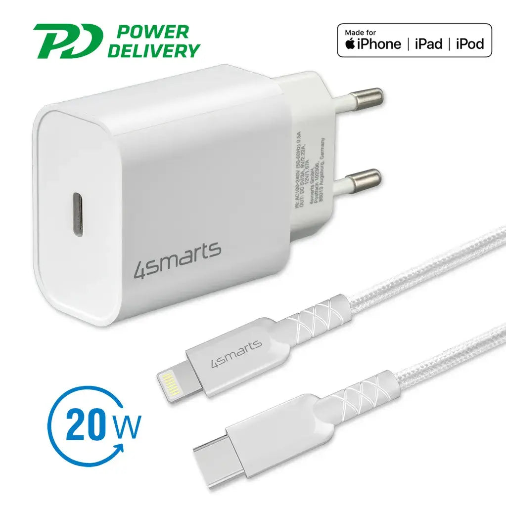 B-Ware 4smarts Schnelllade Set Ladegerät 20 W Lightning Kabel 1,5m I Phone Ladekabel Weiß - 4250774952784