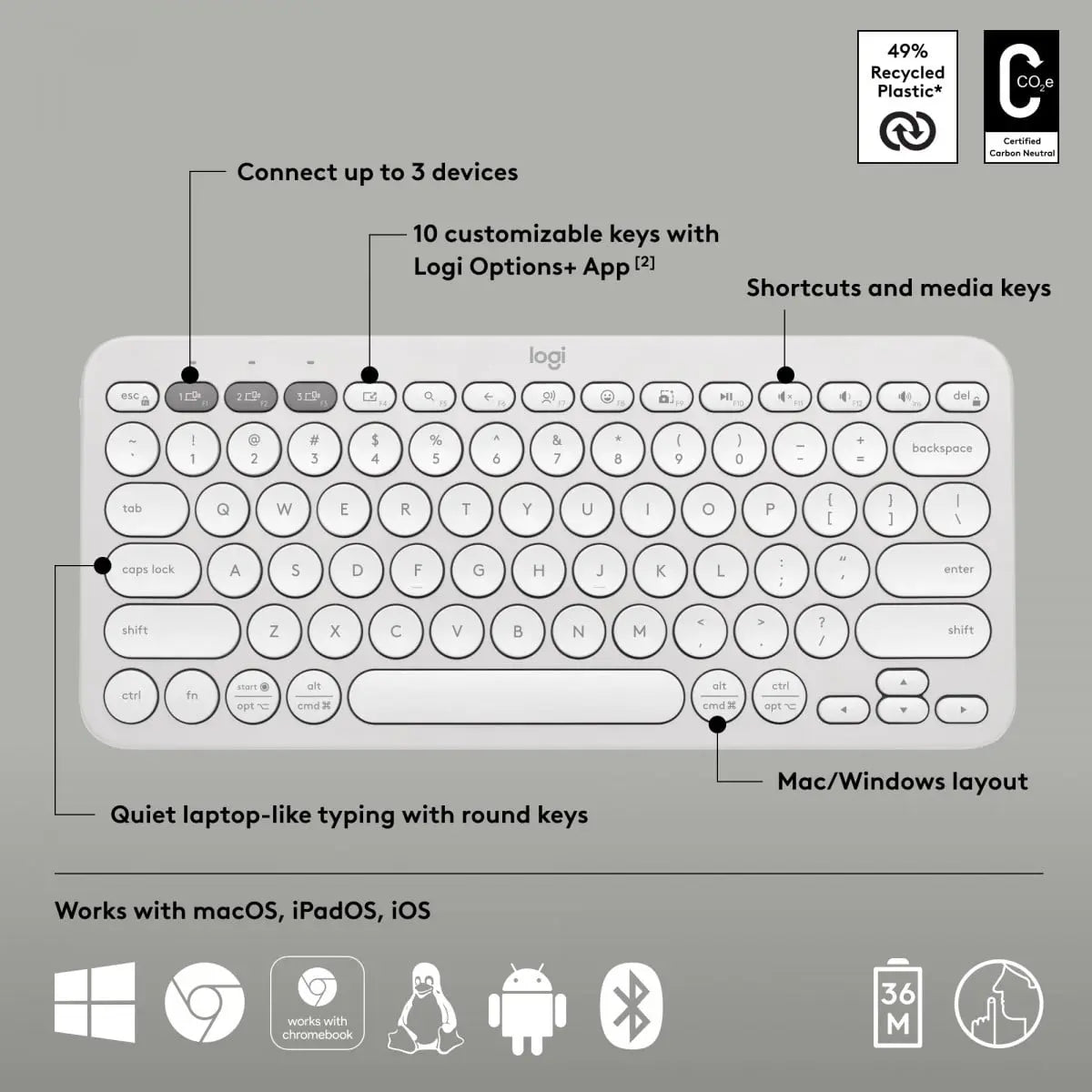 B-Ware Logitech Tastatur Keyboard Universal Bluetooth Qwerty Us International Weiß Mini - 5099206110878