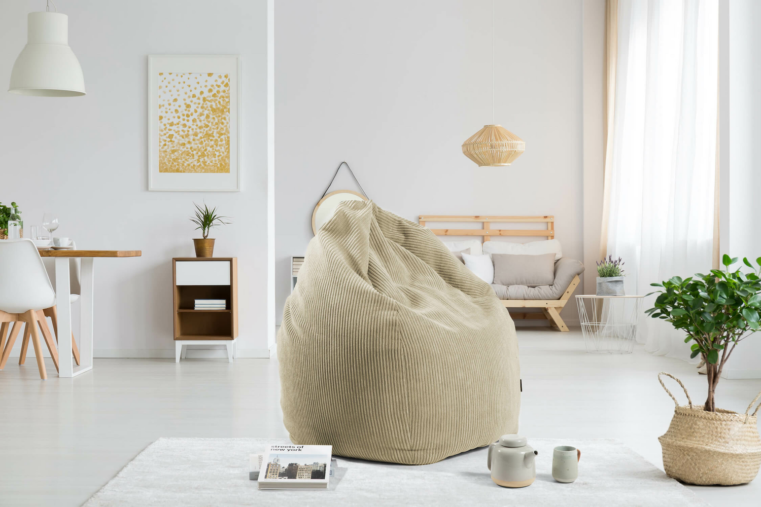 Pouf XXL en velours côtelé Mokebo de qualité B pour enfants et adultes, couleur beige « Le Rêveur », I43