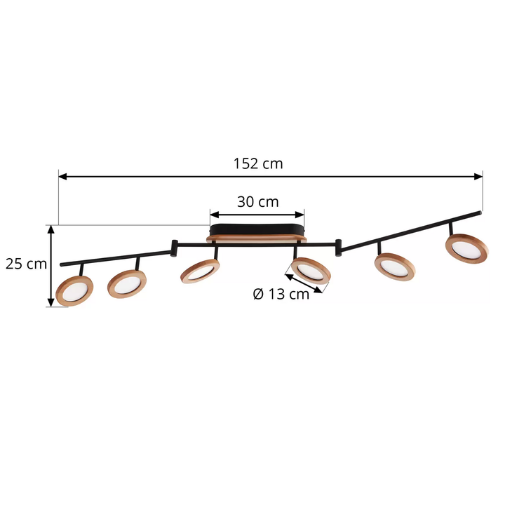 Lindby LED-Strahler Manel Holz 152 cm lang 6-flammig Deckenlampe Deckenleuchte