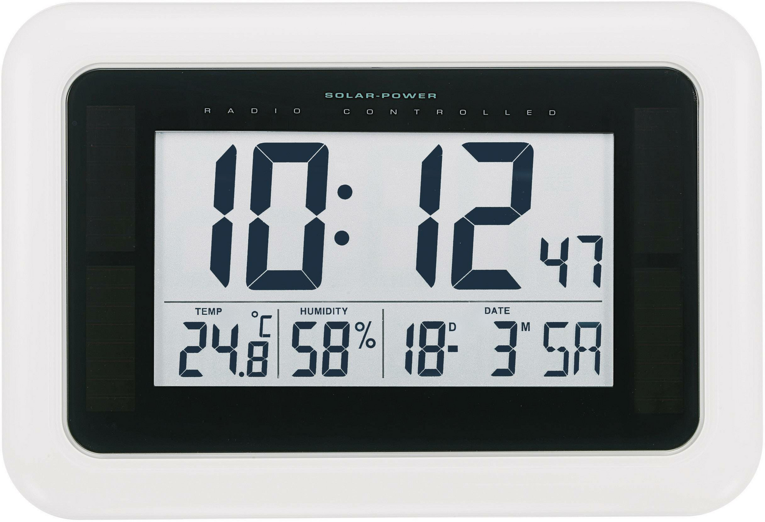 Horloge murale Conrad solaire radiopilotée, numérique, 280 mm x 190 mm x 23 mm, blanche (article de seconde main).