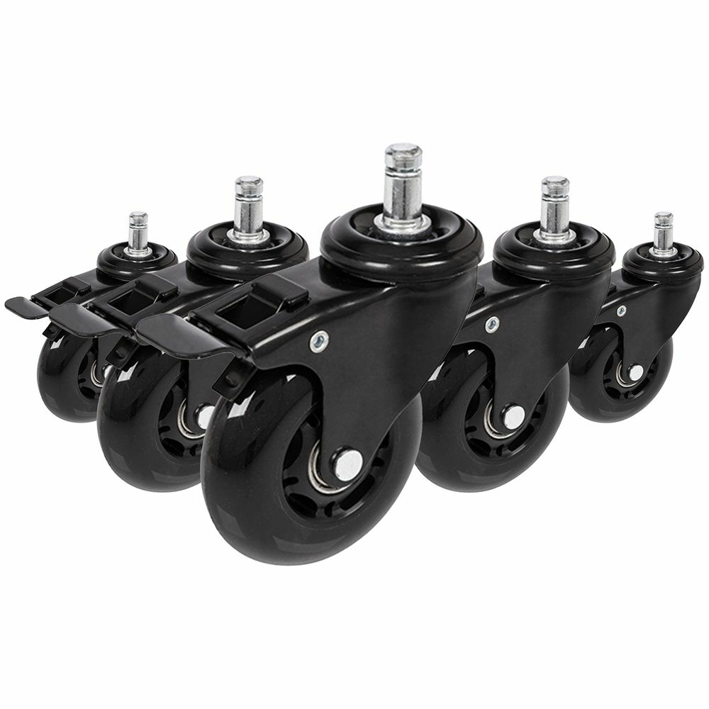 Lot de 5 roulettes Rolo Skate 11 mm (75 mm) pour sols durs de chaises de bureau, avec freins, noires, qualité B