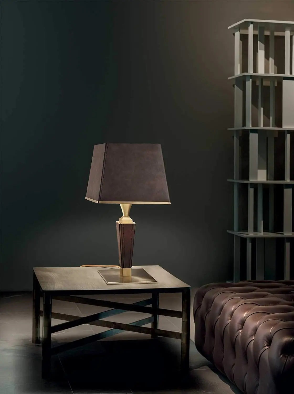 Masiero Tischleuchte Lampe Darshan Lederbezug Wohnzimmer Dunkelbraun Gold B-Ware