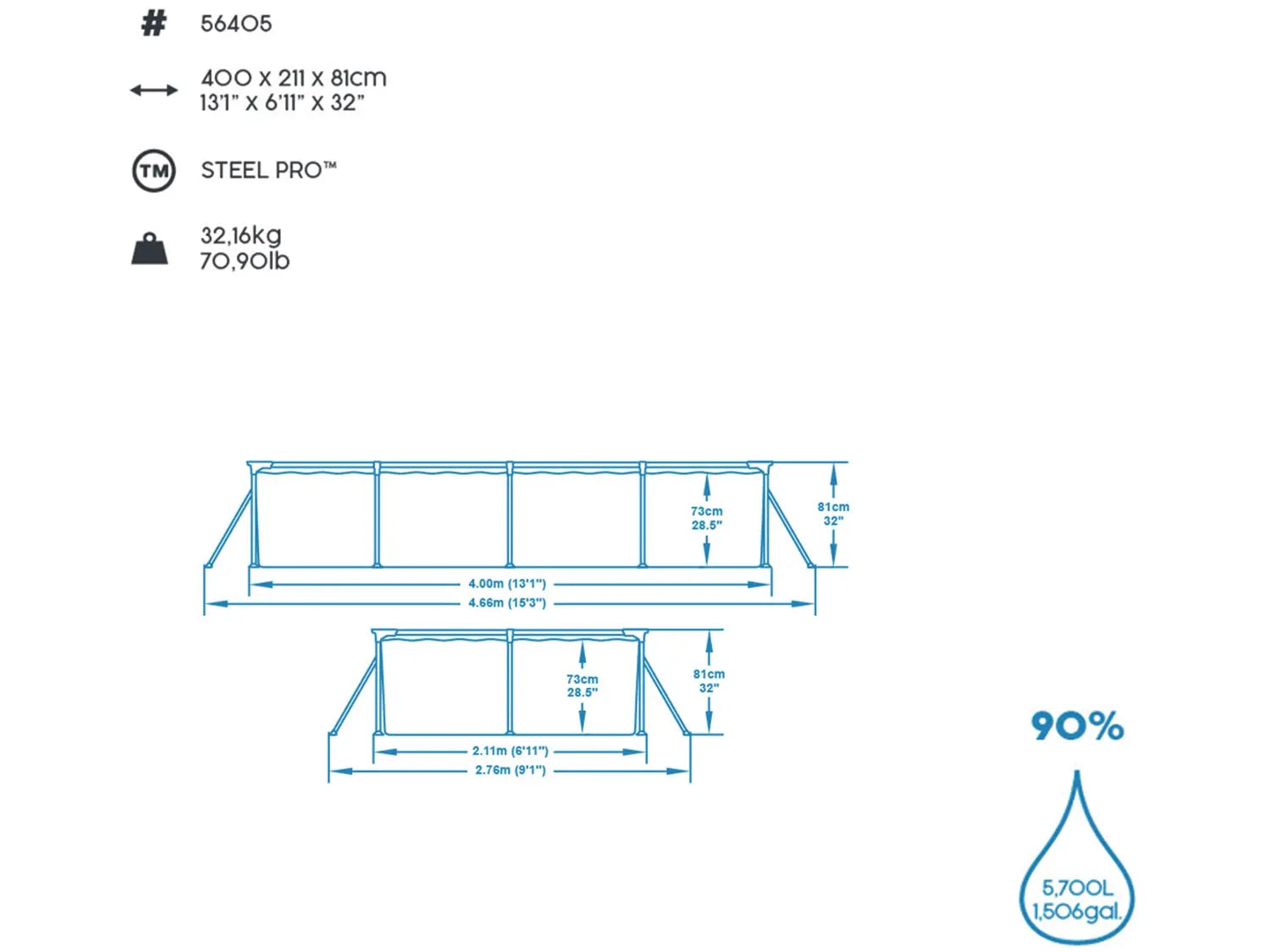 Bestway Frame Pool Steel Pro Schwimmbecken 400x211x81 Cm Blau Eckig Ohne Pumpe  B-Ware - 6941607328002