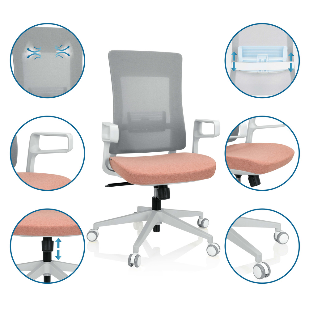 Hjh Office Bürostuhl Drehstuhl Stuhl Schreibtischstuhl Netzstoff Grau Rosa B-Ware - 4064323023302