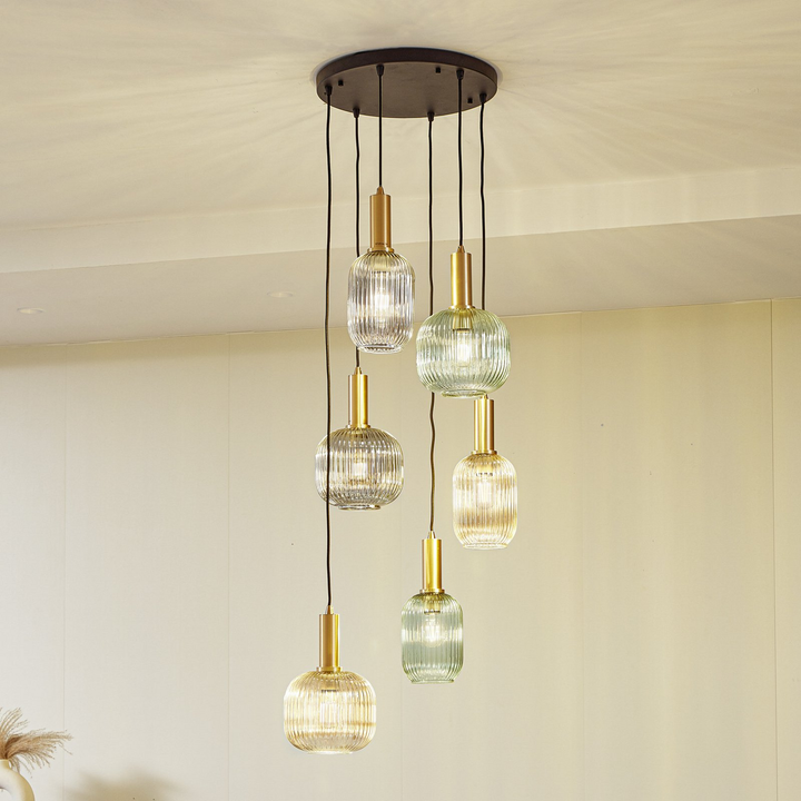 Lindby Hängeleuchte Doroteo Grün Amber Grau Glas Deckenlampe Hängelampe Lampe647 B-Ware