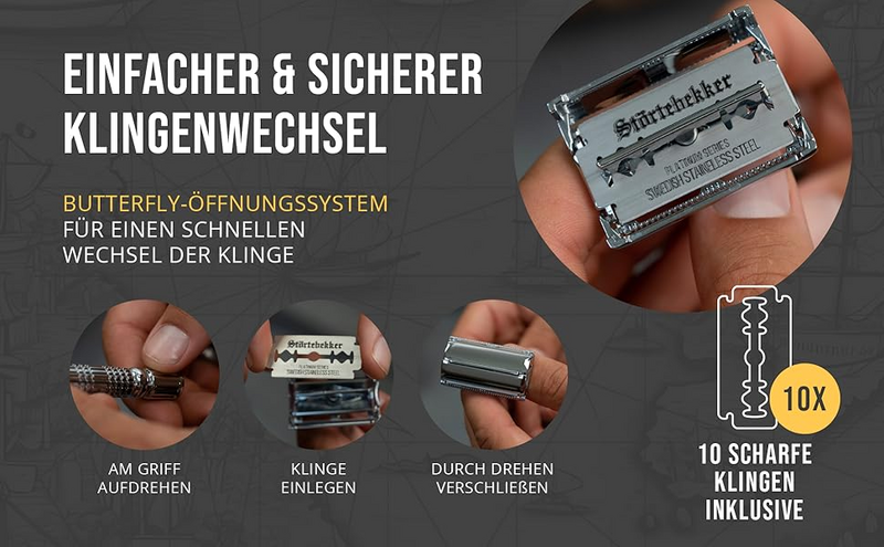 B-Ware Störtebekker Rasierhobel Herrenrasierer Rasierer 10 Rasierklingen Etui Spie8