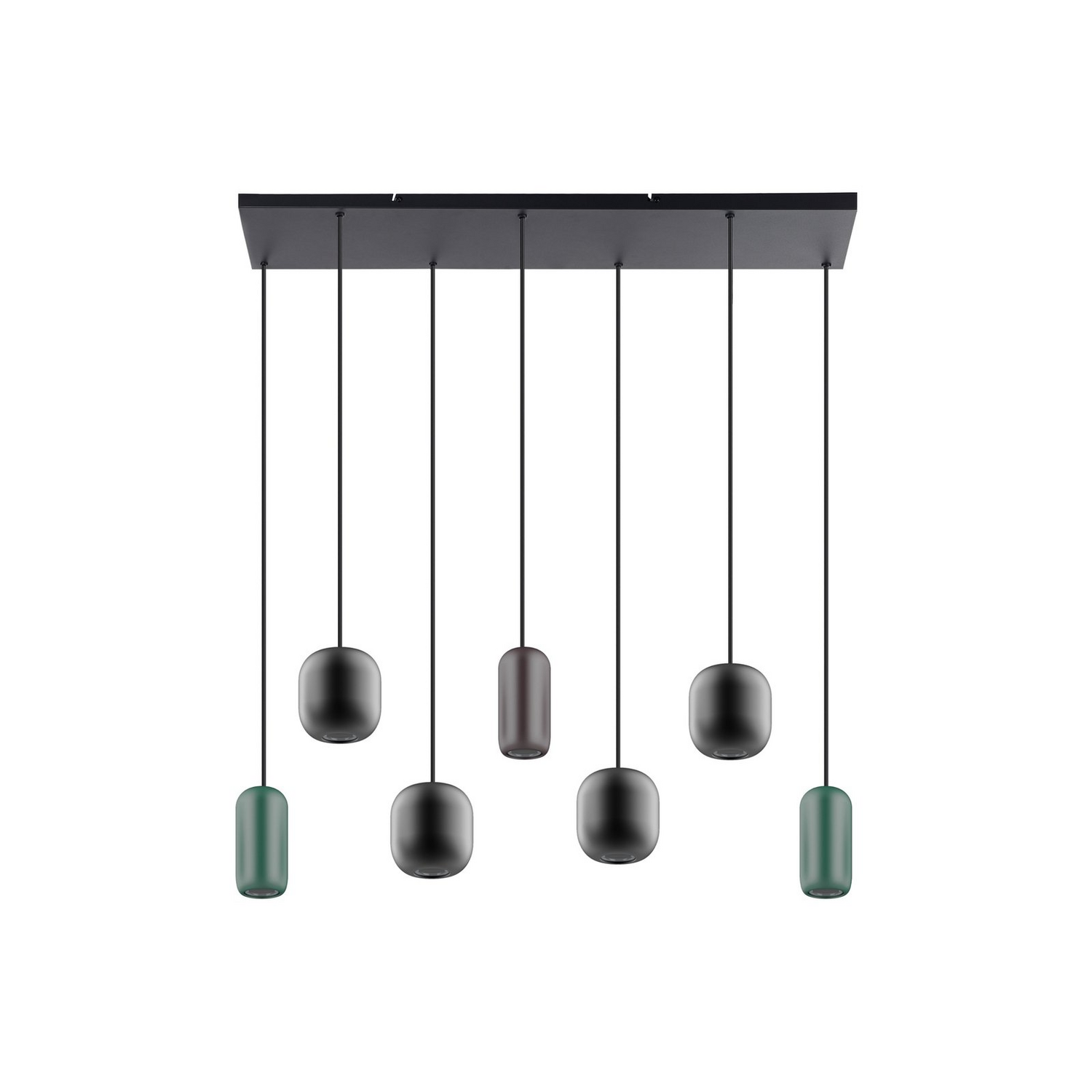 Suspension linéaire Lucande Narion, noir, marron, vert, plafonnier à 7 lumières