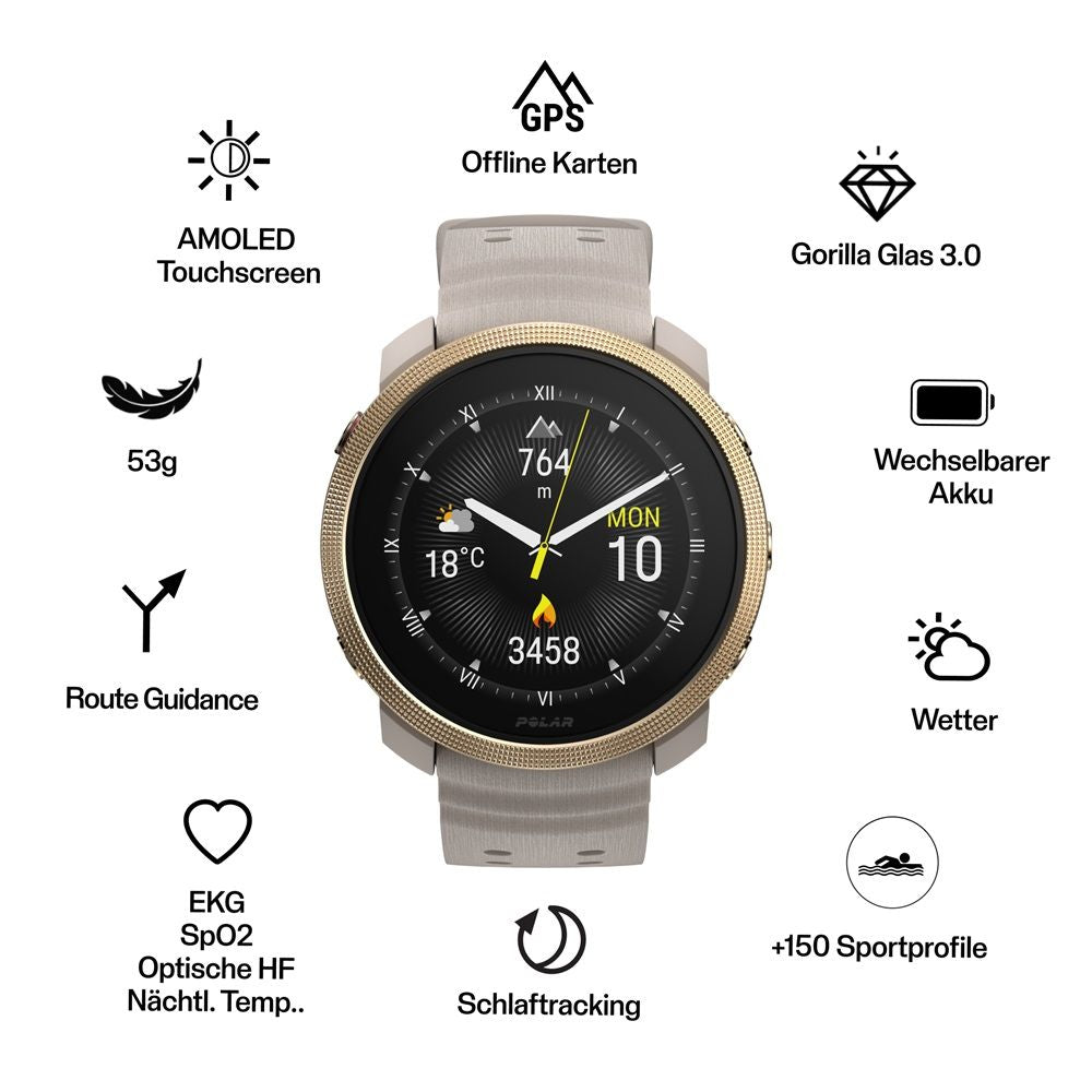 Polar Uhr Smartwatch Vantage M3 GPS Gold Greige Sportuhr Fitness Größe S M L - 0725882066752