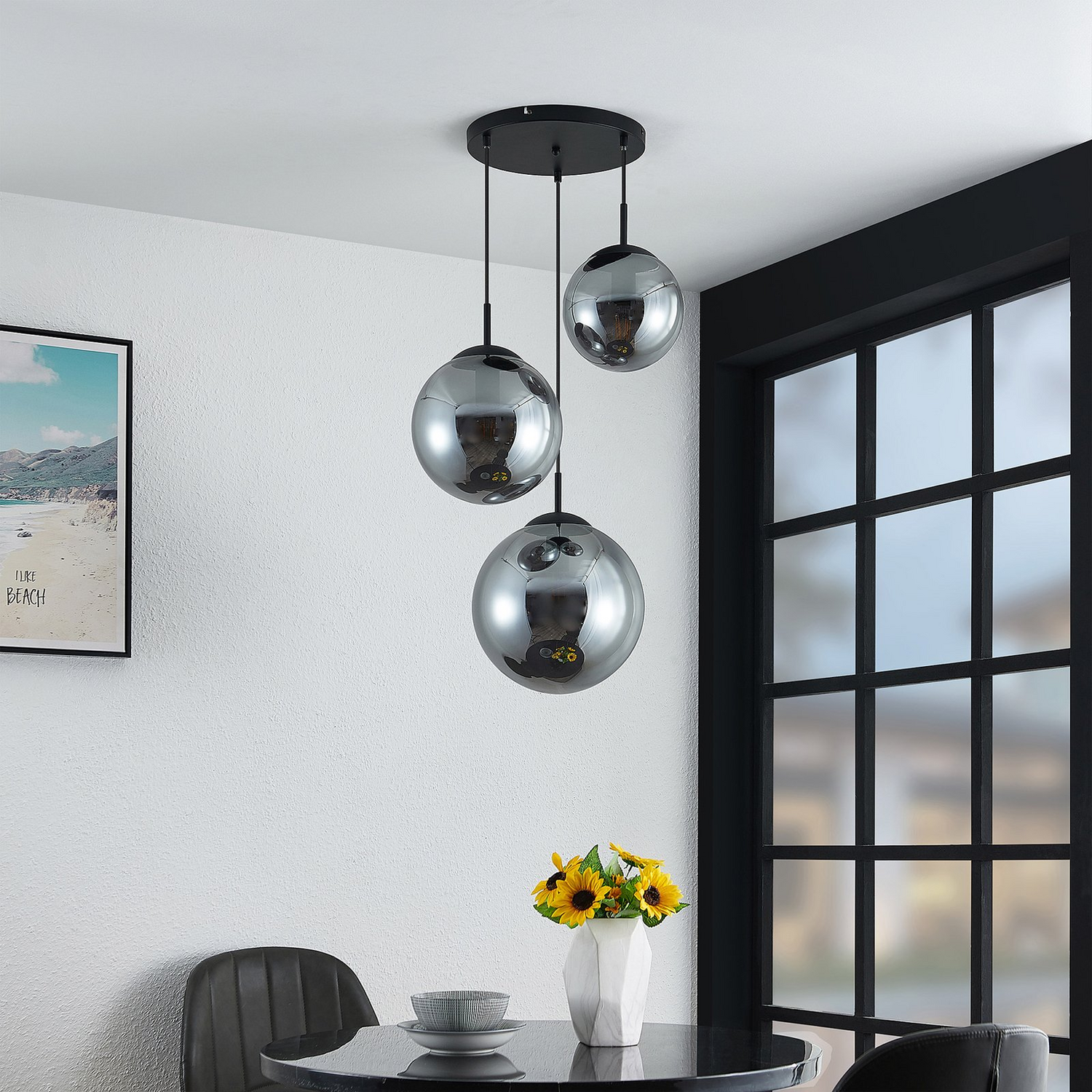 Suspension Lindby Teeja de catégorie B avec 3 globes en verre, lampe, suspension, IP20, Rauchg297