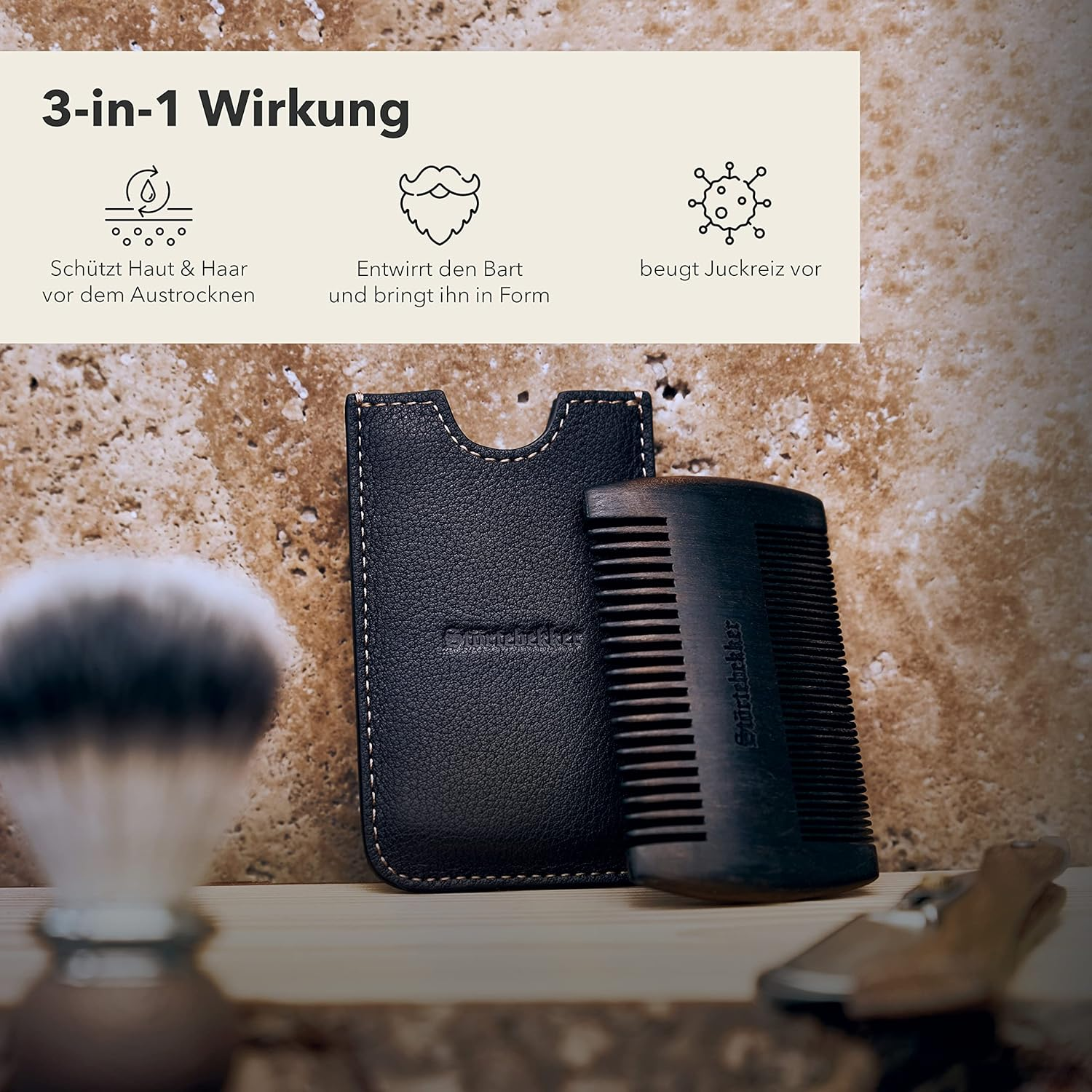 B-Ware Störtebekker Bartkamm Kamm Herrenkamm Sandelholz Leder Etui Zwei Zahnungen Braun