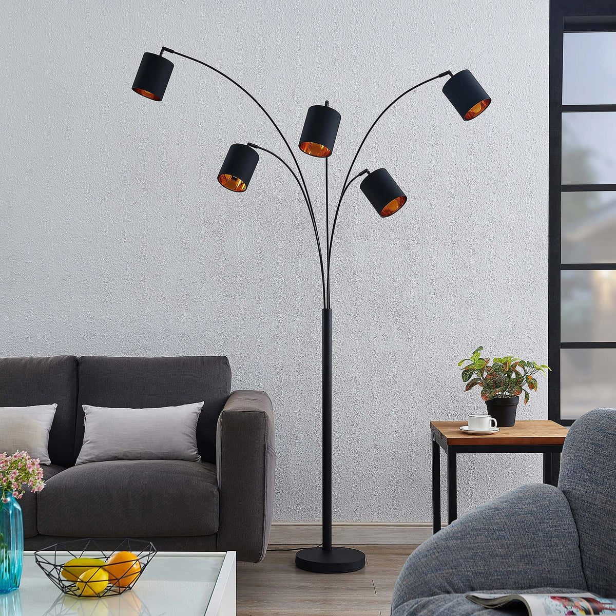 Lindby Stehleuchte Standlampe Abiram schwarz gold Textil Stahl Schalter E14 LED - 7630934117548