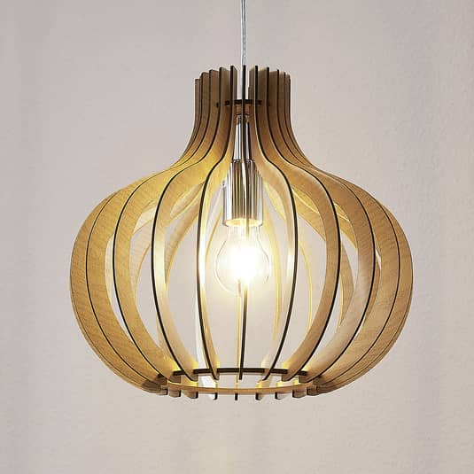Lindby Holz-Pendelleuchte Sina Hängelampe Deckenlampe Leuchte E27 Ballonförmig