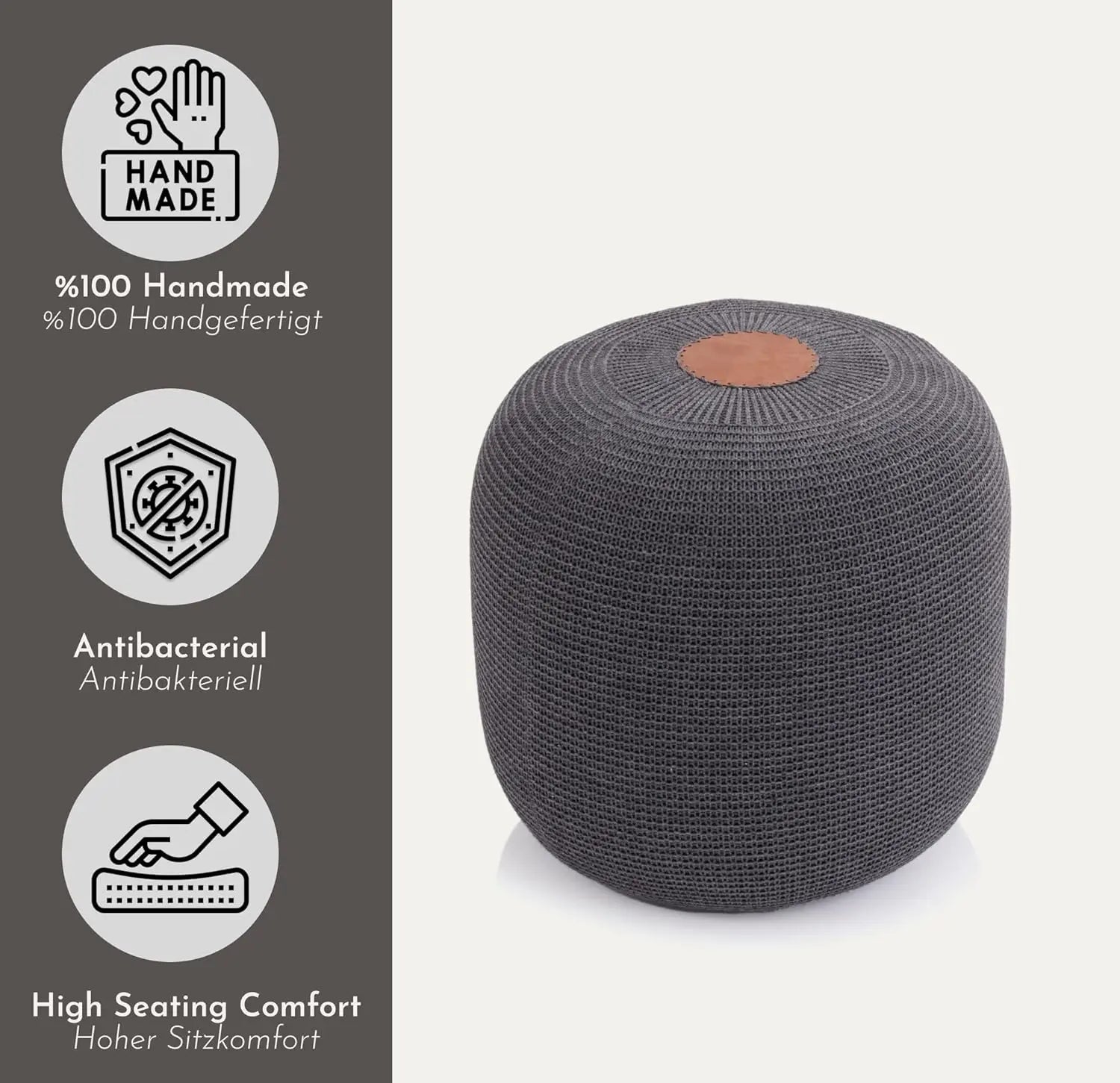 B-Ware Gozos Pouf Hocker Sitzhocker Sitzsack Boho Strick Baumwolle Anthrazit ø 40 Cm