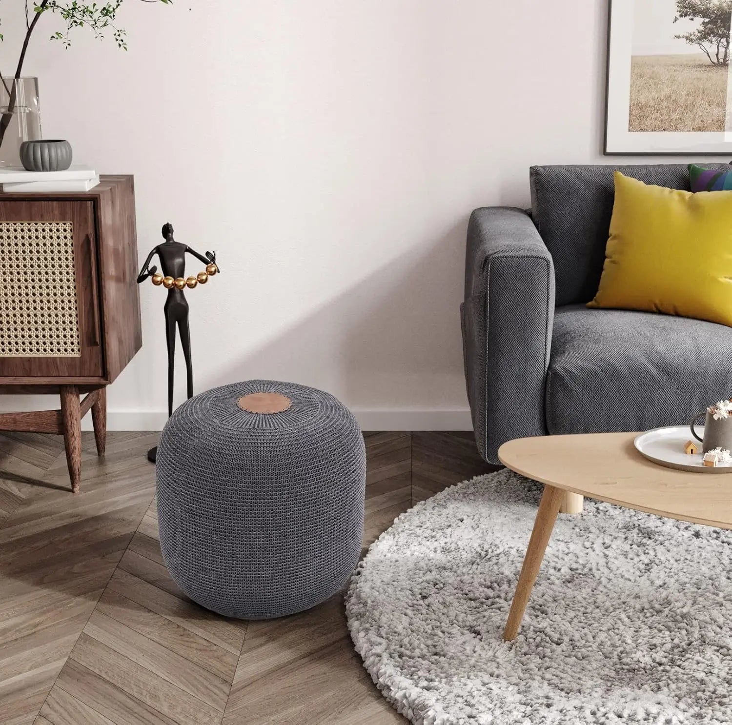 B-Ware Gozos Pouf Hocker Sitzhocker Sitzsack Boho Strick Baumwolle Anthrazit ø 40 Cm