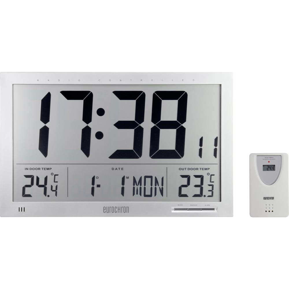 Horloge murale numérique radiocommandée Eurochron Efwu Jumbo 102 avec thermomètre, horloge de cuisine, produit de seconde main.