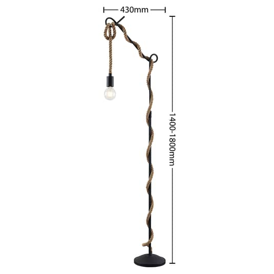 Lampadaire Lucande Ropina, corde de chanvre, E27, noir/marron