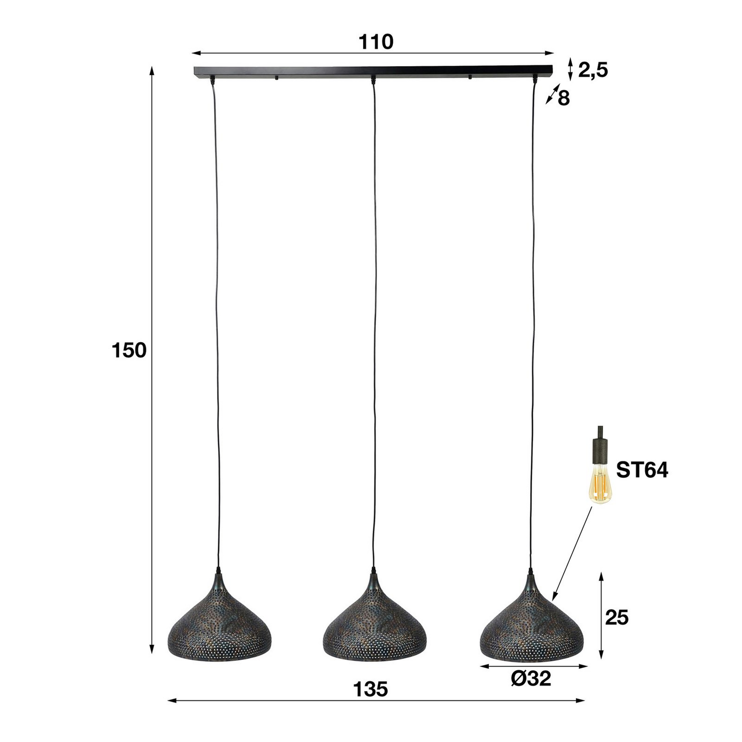 Hängeleuchte Punchray, Dreiflammig Trichterförmig Lampe Leuchte Deckenlampe 60 W B-Ware - 8713244080913