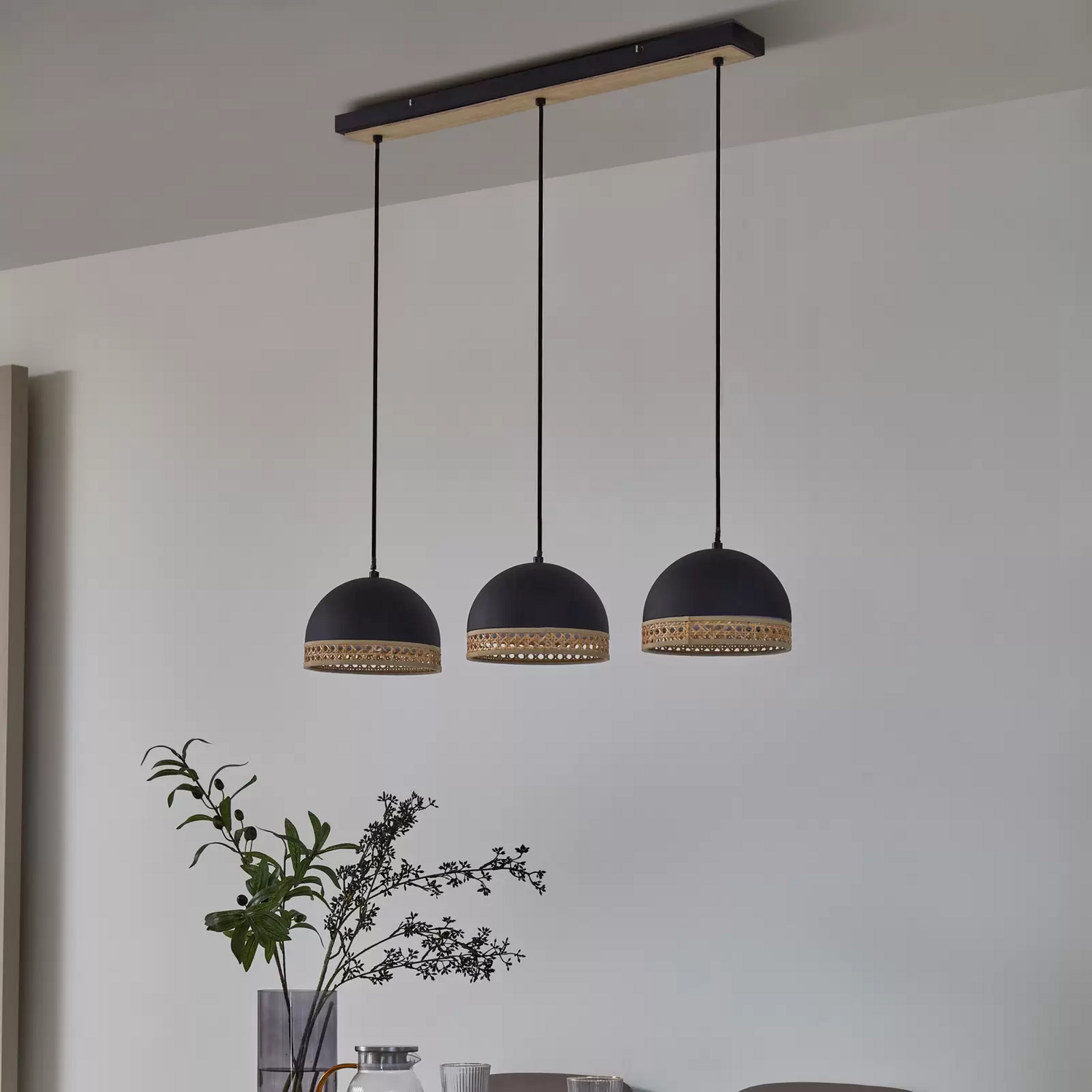 Lindby Lonnaris Hängelampe Hängeleuchte Deckenlampe Leuchte Rattan Schwarz 3 Fl. B-Ware - 4251911760347