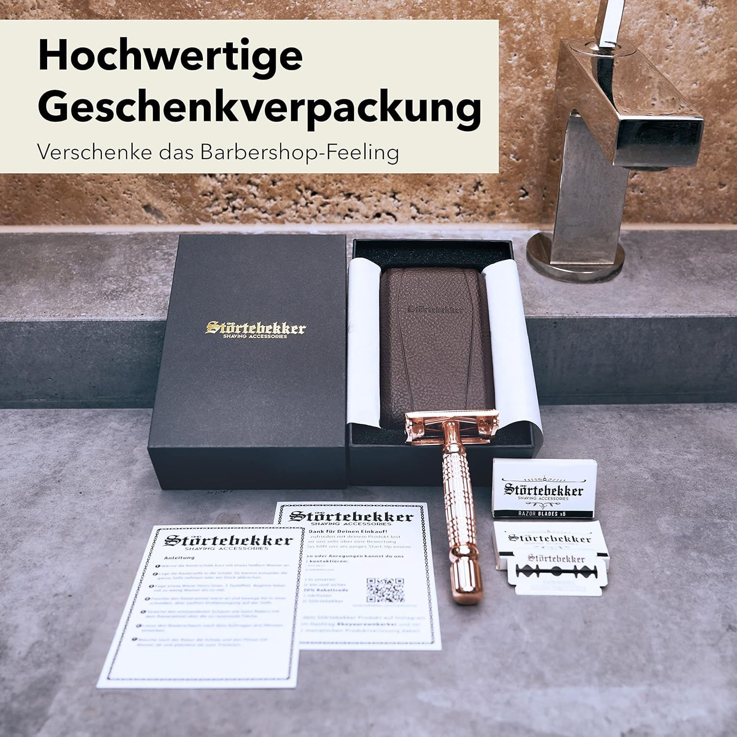 B-Ware Störtebekker Rasierhobel Rasierer Rasieren 10 Klingen Etui Spiegel Rose Gold