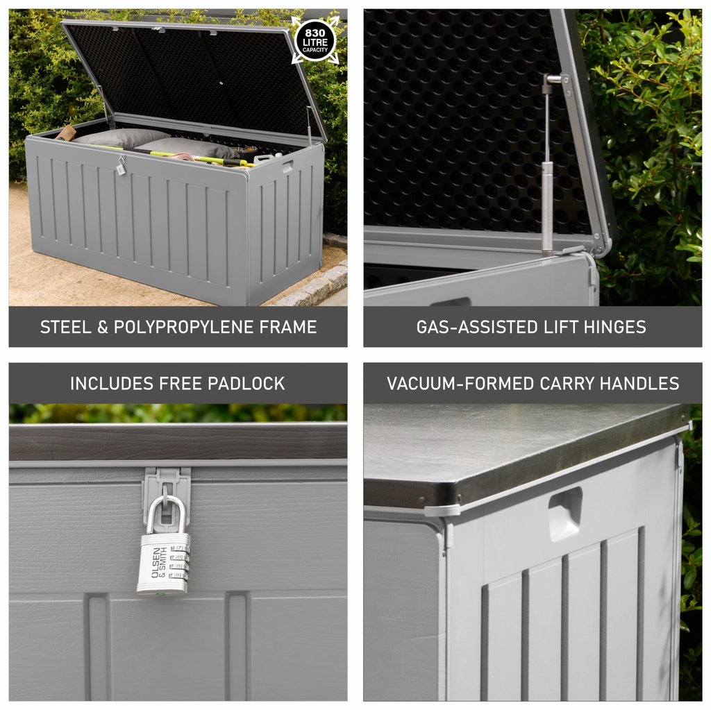 Olsen & Smith Garten Aufbewahrungsbox 830l mit Vorhängeschloss 160x78x76cm grau - 5038230170434