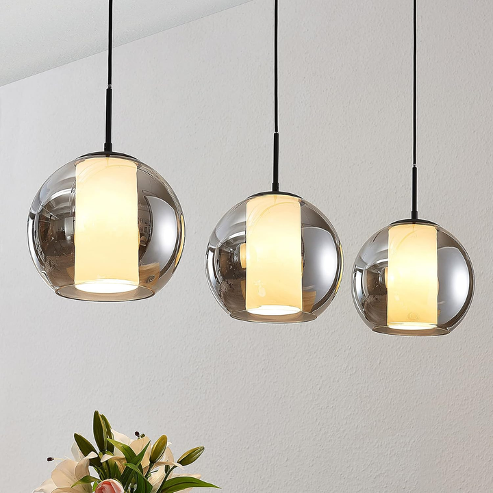 Lindby Yela Glas-Hängeleuchte Lampe Leuchte Deckenlampe dreiflammig rauchgrau
