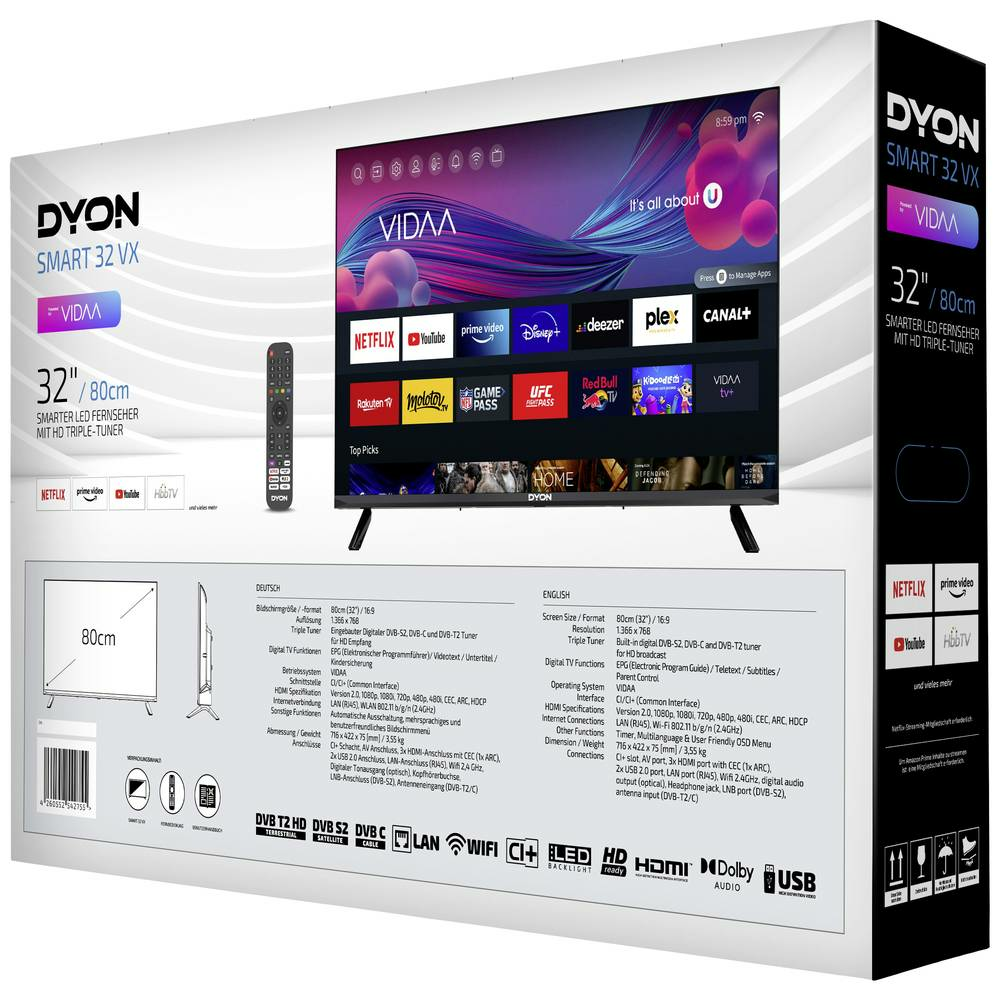 B-Ware Dyon Smart 32 Vx Fernseher Smart Tv 32 Zoll Led Tv Hdmi Wi Fi Apps Usb Schwarz