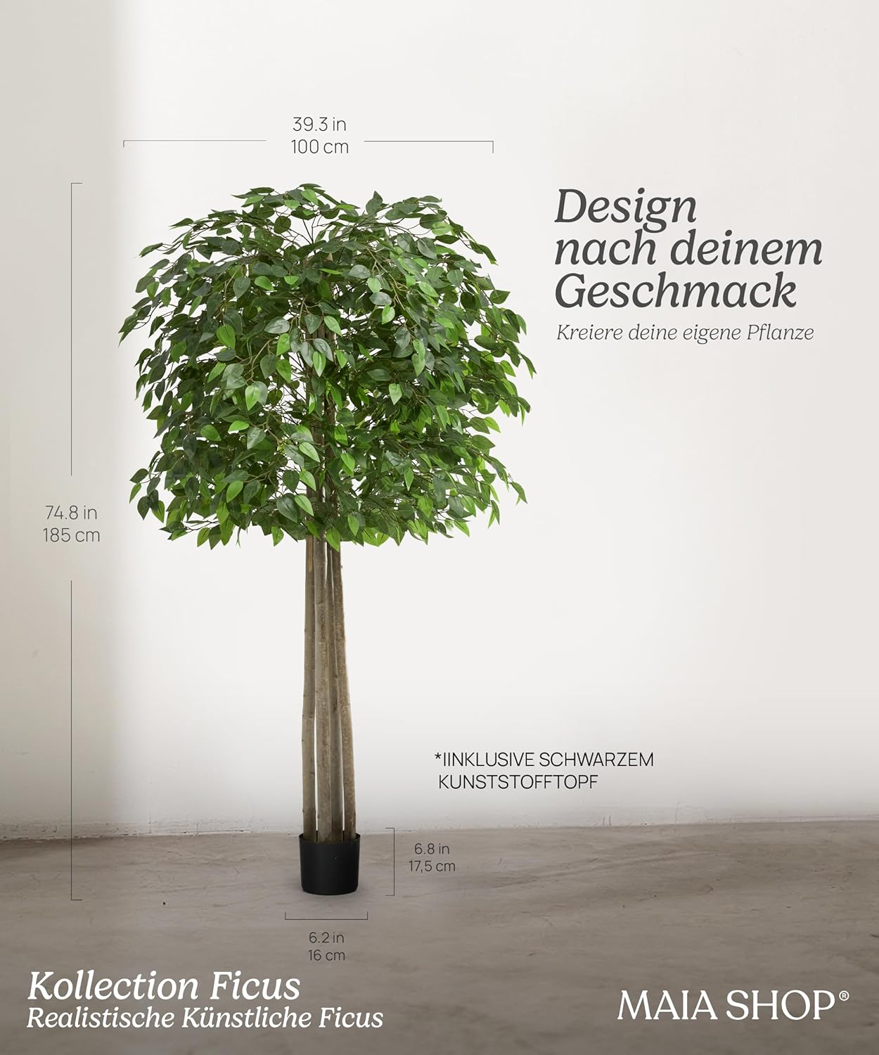 Maia Shop Ficus Kunstpflanzen Künstlicher Baum Kunstpflanze mit Topf 190x100 cm - 8435240503905