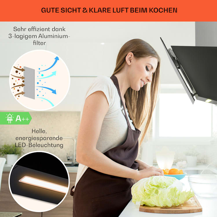 Klarstein Ava 60 Dunstabzugshaube 60cm Abluftventilator mit LED Beleuchtung