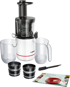 Bosch MESM500W. Produkttyp: Langsamer Entsafter, Produktfarbe: Schwarz, Weiß. Leistung: 150 W. Verpackungsbreite: 208 Mm, Verpackungstiefe: 500 Mm, P - 4242002956015