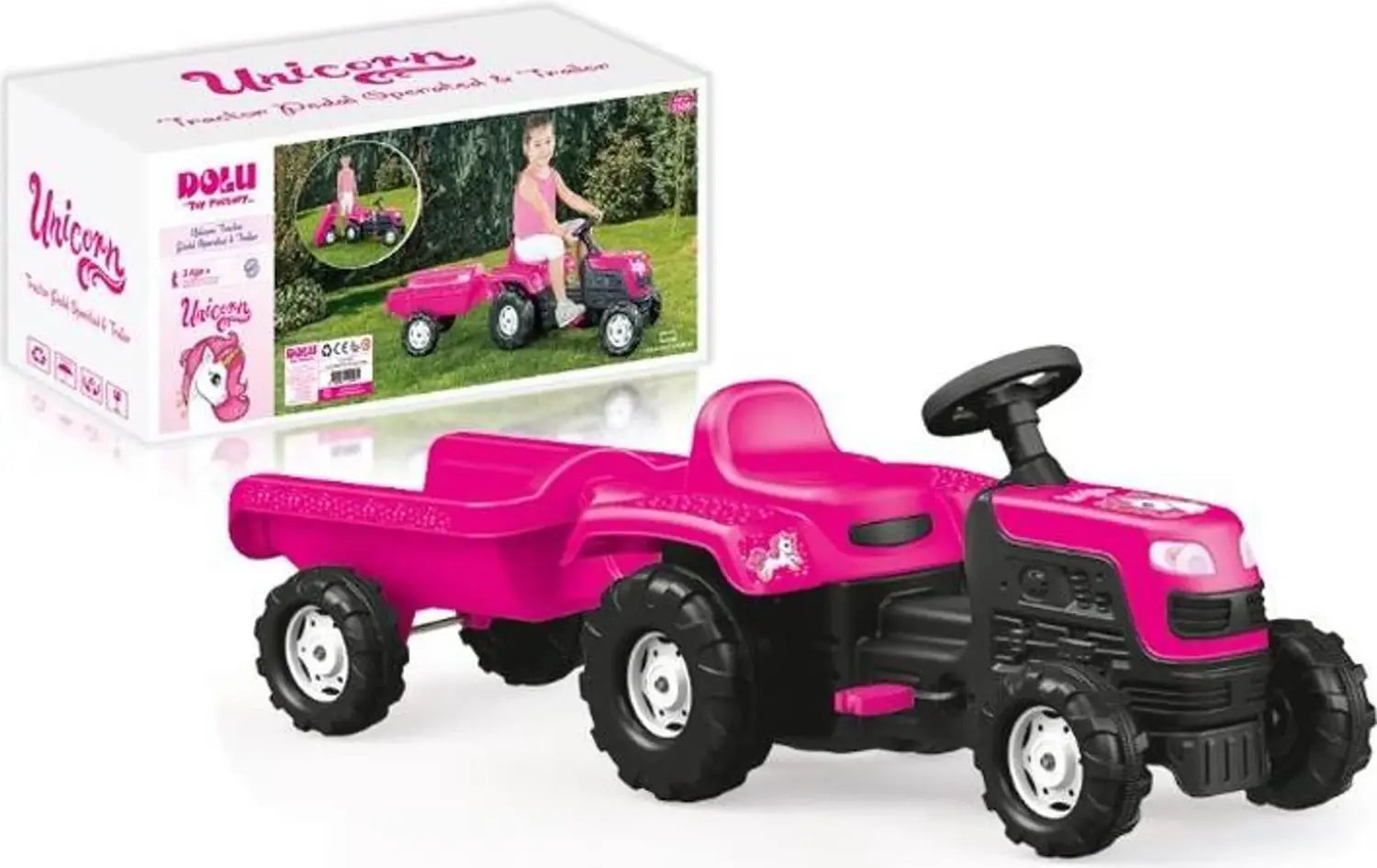Dolu Einhorn Traktor Kinderfahrzeug Traktor Rosa Schwarz Mit Anhänger Spielzeug B-Ware - 8690089025081