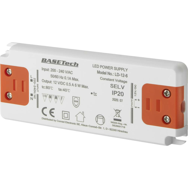Basetech LD-12-6 LED-Trafo Konstantspannung 6 W 0.5 A  Transformator LED-Treiber