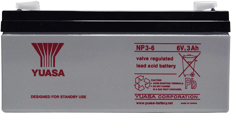 Batterie au plomb Yuasa NP3 6 (6 V, 3 Ah) de seconde main (Agm), gaine en laine de plomb, dimensions : 134 x 64 x 34 mm
