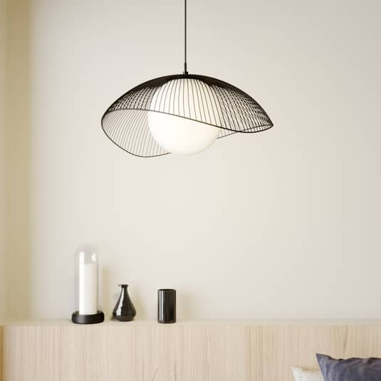 Suspension Lindby Fabronia, luminaire à grille, lampe, plafonnier, IP20, globe en verre, produit de seconde main 