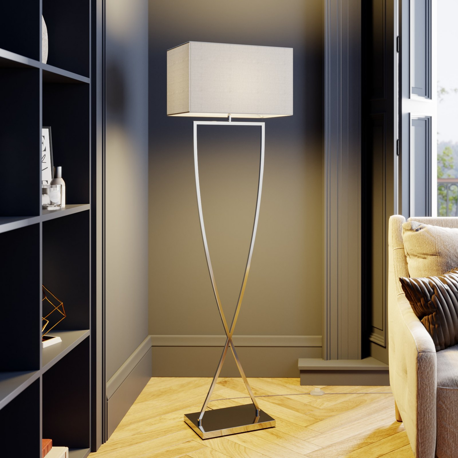 Lampadaire Lucande Evaine, luminaire, IP20, E27, abat-jour blanc, chromé