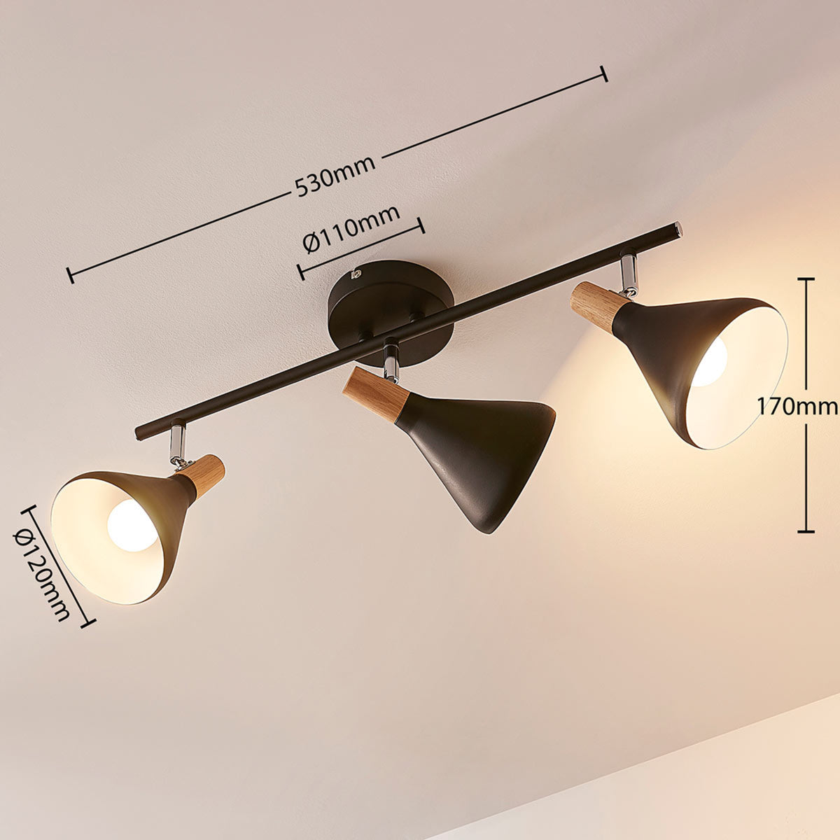 Lindby Deckenleuchte Deckenlampe Arina schwarz dreiflammig Metall Holz 53 cm - 4251096547009
