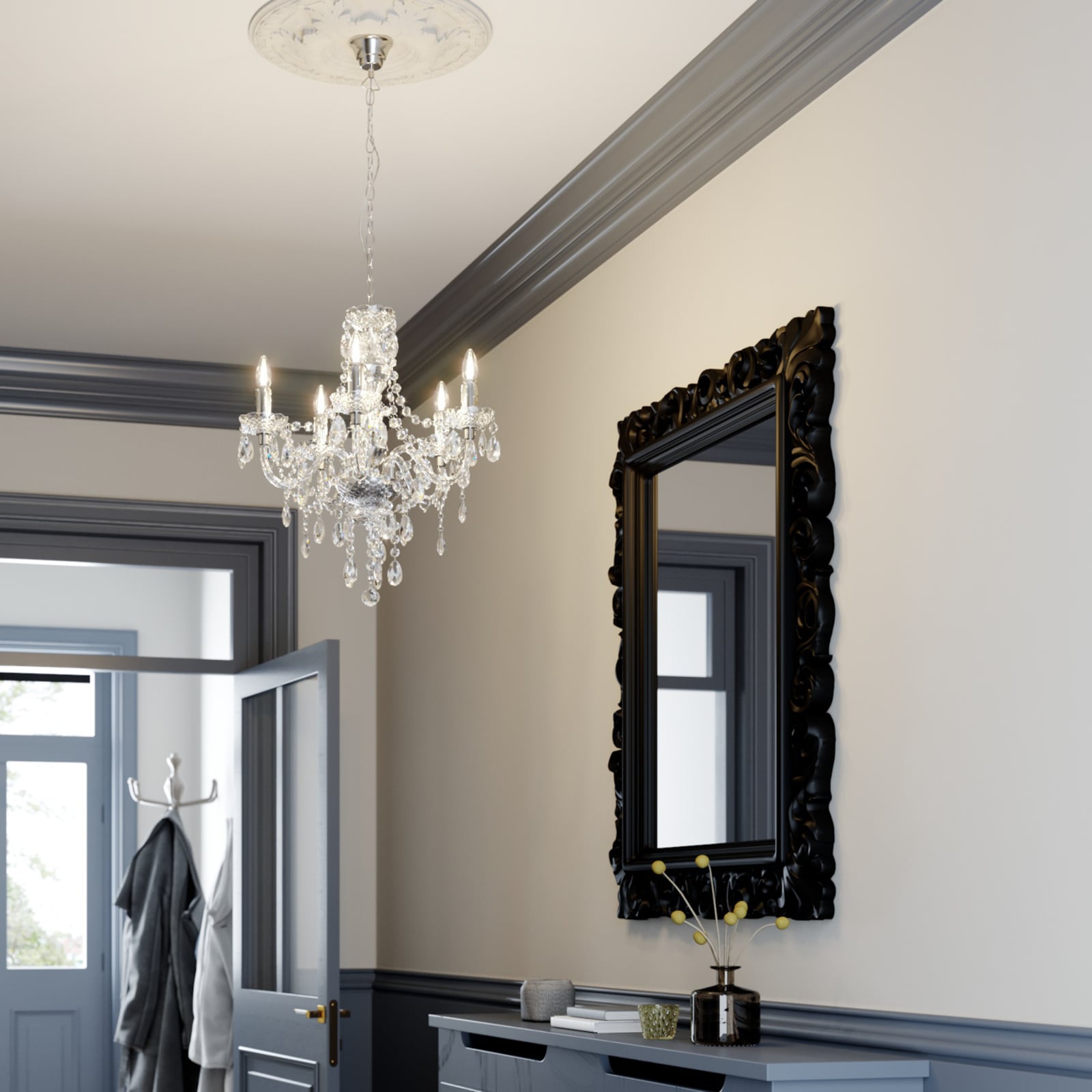 Lindby Kronleuchter Merida Hängeleuchte Leuchte Lampe 5-flg dimmbar chrom Ø52cm - 4251096528466
