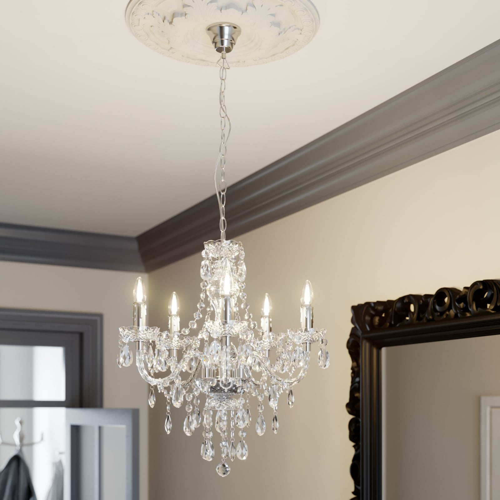 Lindby Kronleuchter Merida Hängeleuchte Leuchte Lampe 5-flg dimmbar chrom Ø52cm - 4251096528466