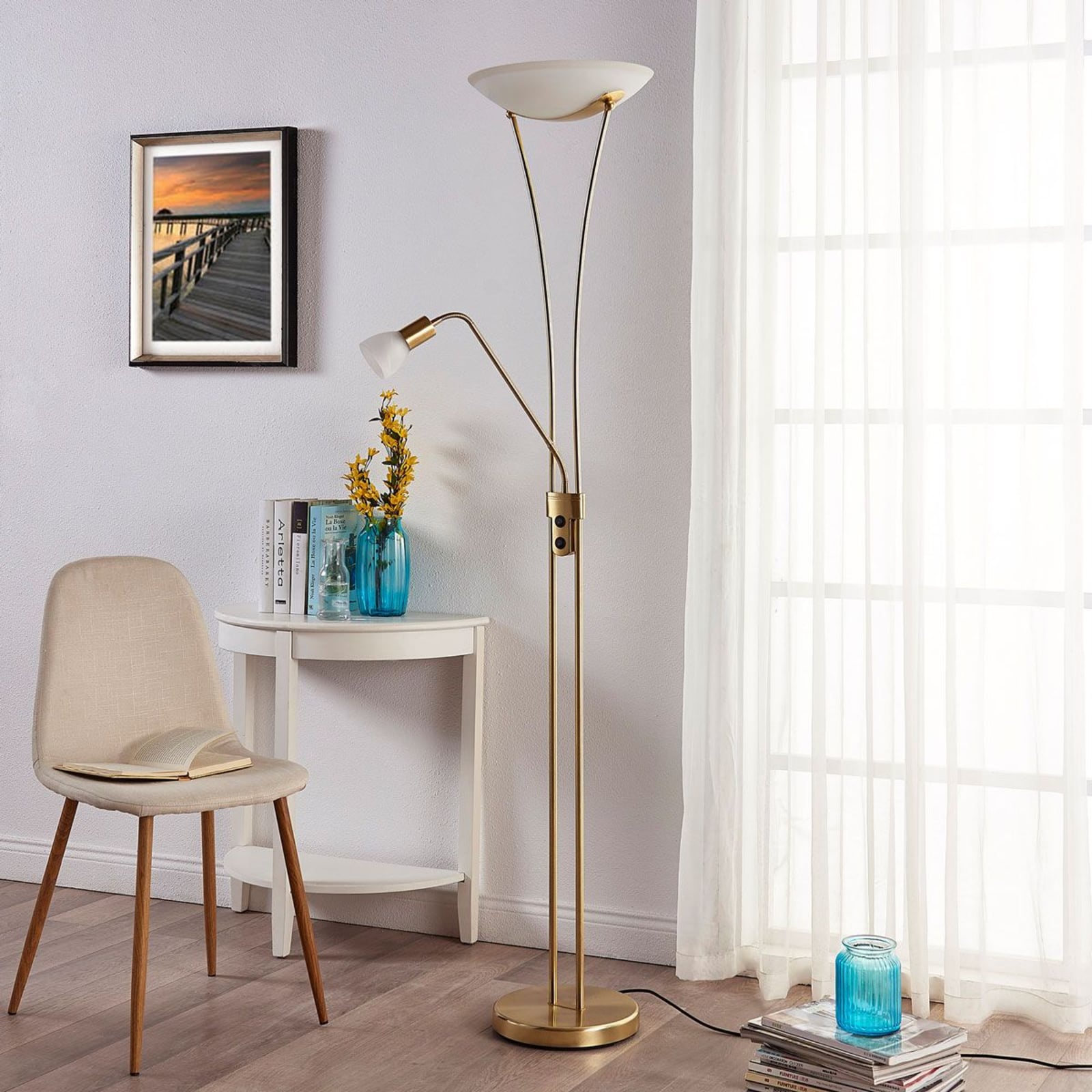 Lindby Stehlampe Felicia LED Leselampe Stehleuchte messing 180cm E27 Leuchte - 4251096532616