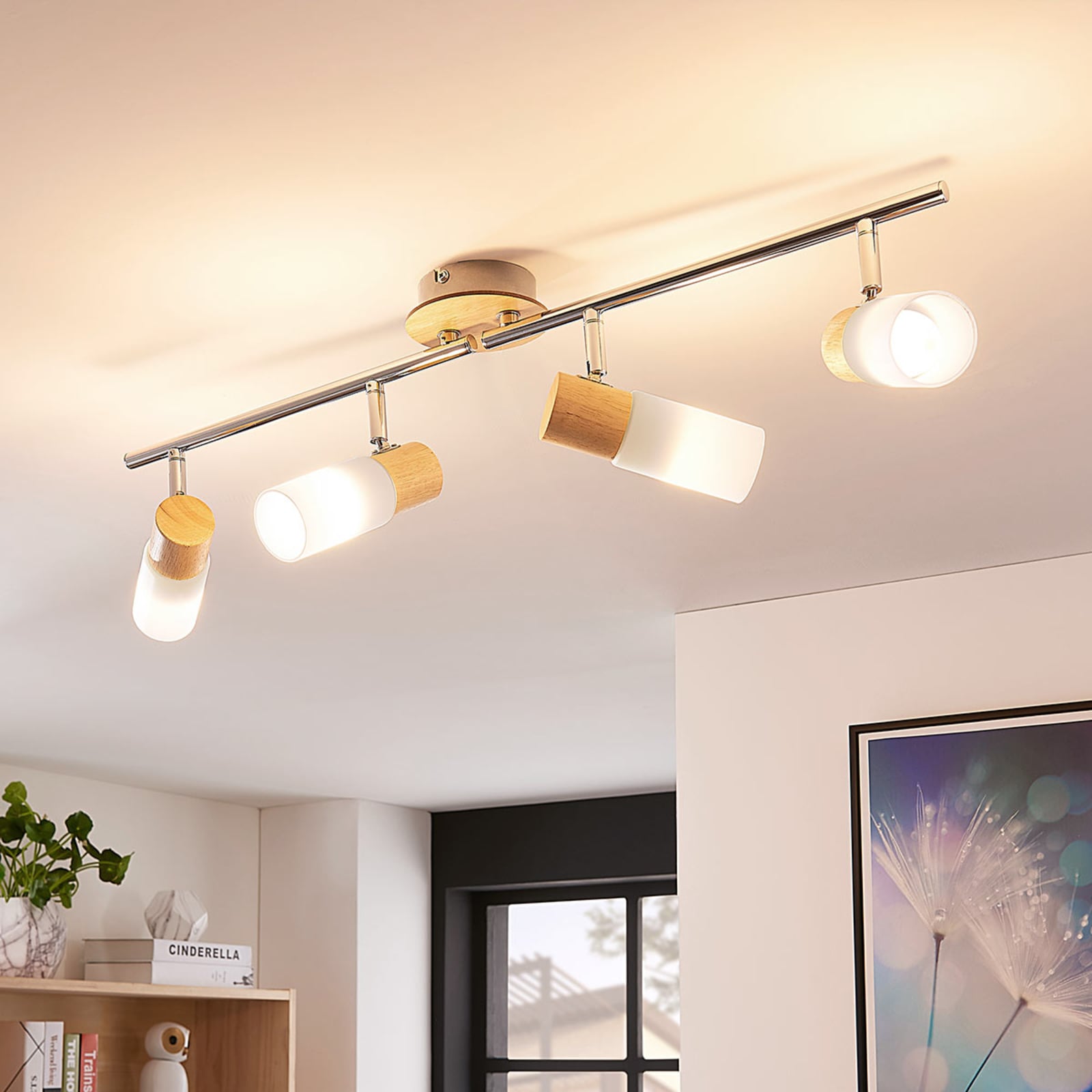 Lindby Deckenstrahler Christoph LED Lampe Holz Deckenlampe Leuchte 4-flg weiß - 4251096546521