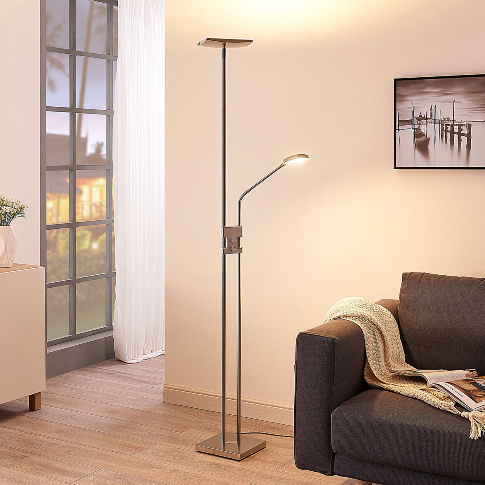 Lindby Stehlampe Jonne LED dimmbar Leselampe eckig nickel 180cm 15W warmweiß - 4251096546002