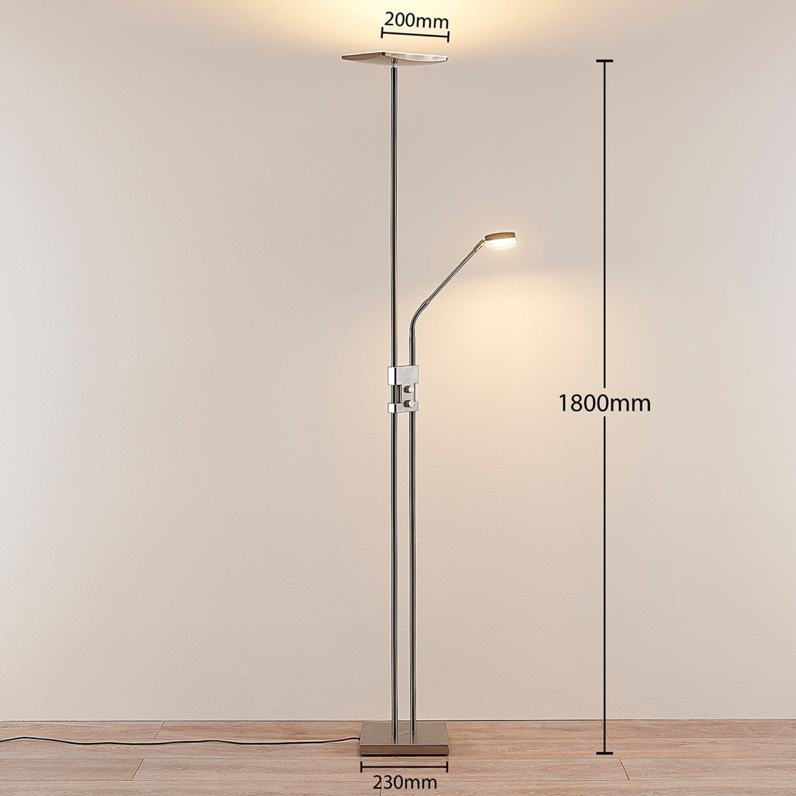 Lindby Stehlampe Jonne LED dimmbar Leselampe eckig nickel 180cm 15W warmweiß - 4251096546002