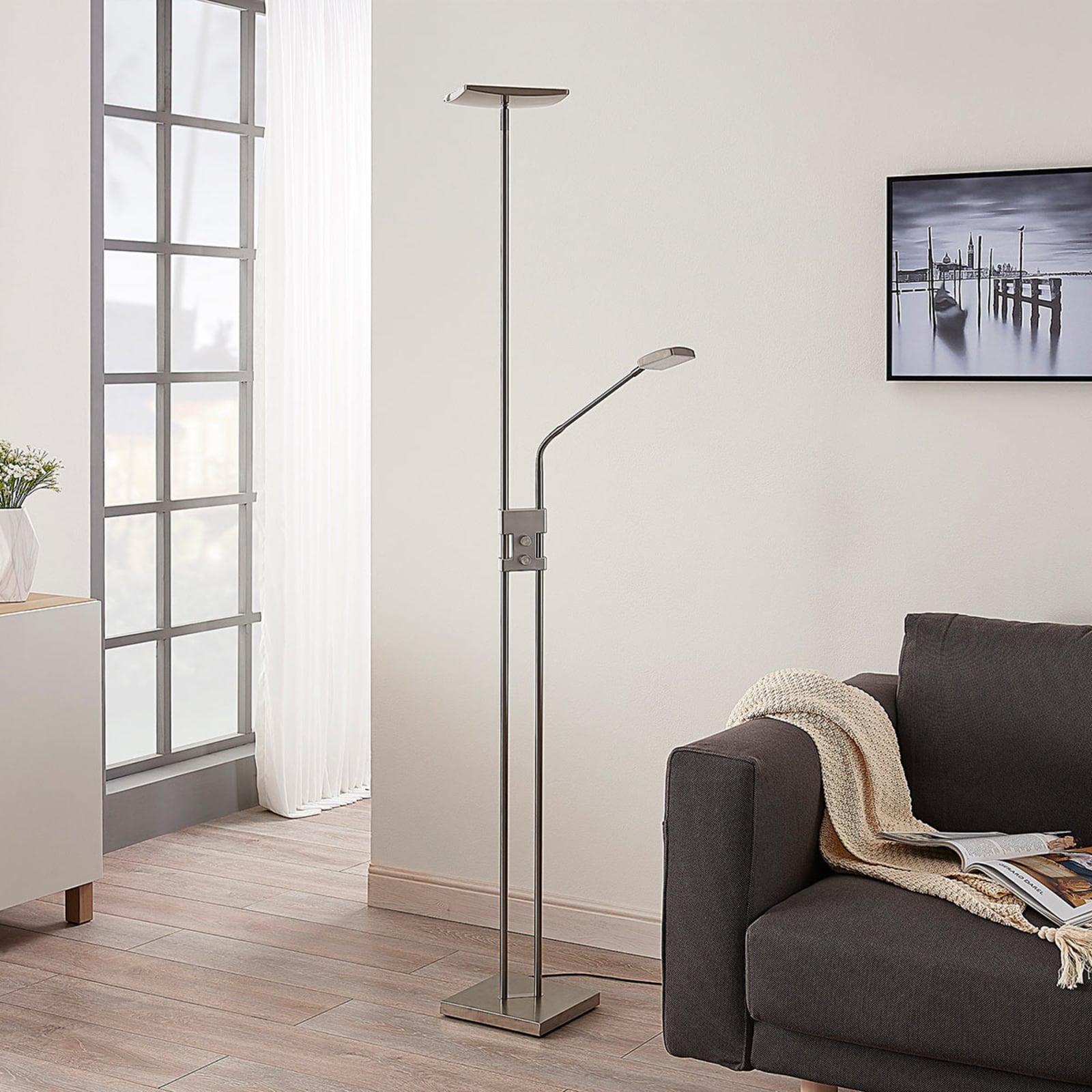 Lindby Stehlampe Jonne LED dimmbar Leselampe eckig nickel 180cm 15W warmweiß - 4251096546002