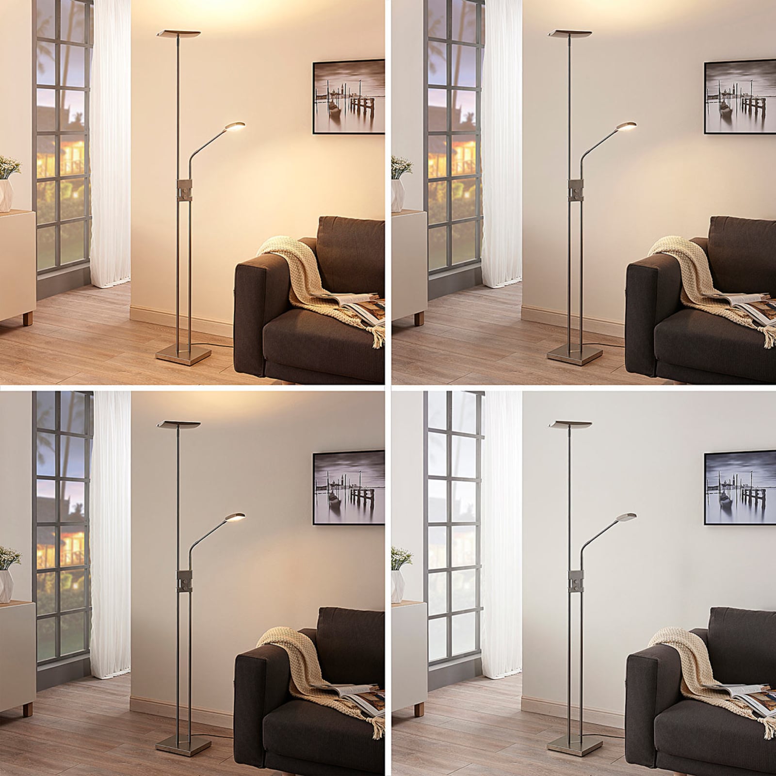 Lindby Stehlampe Jonne LED dimmbar Leselampe eckig nickel 180cm 15W warmweiß - 4251096546002