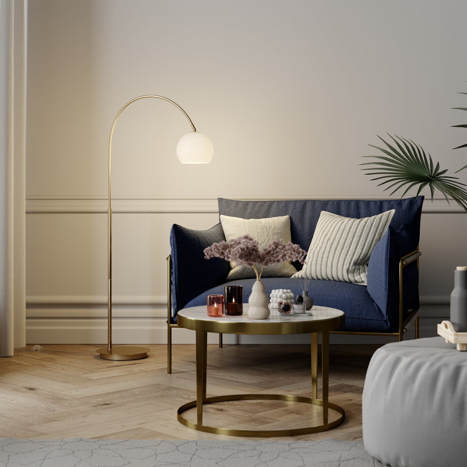 Lindby Stehlampe Bogenlampe Cynthia LED Designer Leuchte messingfarben 140cm - 4251096566048