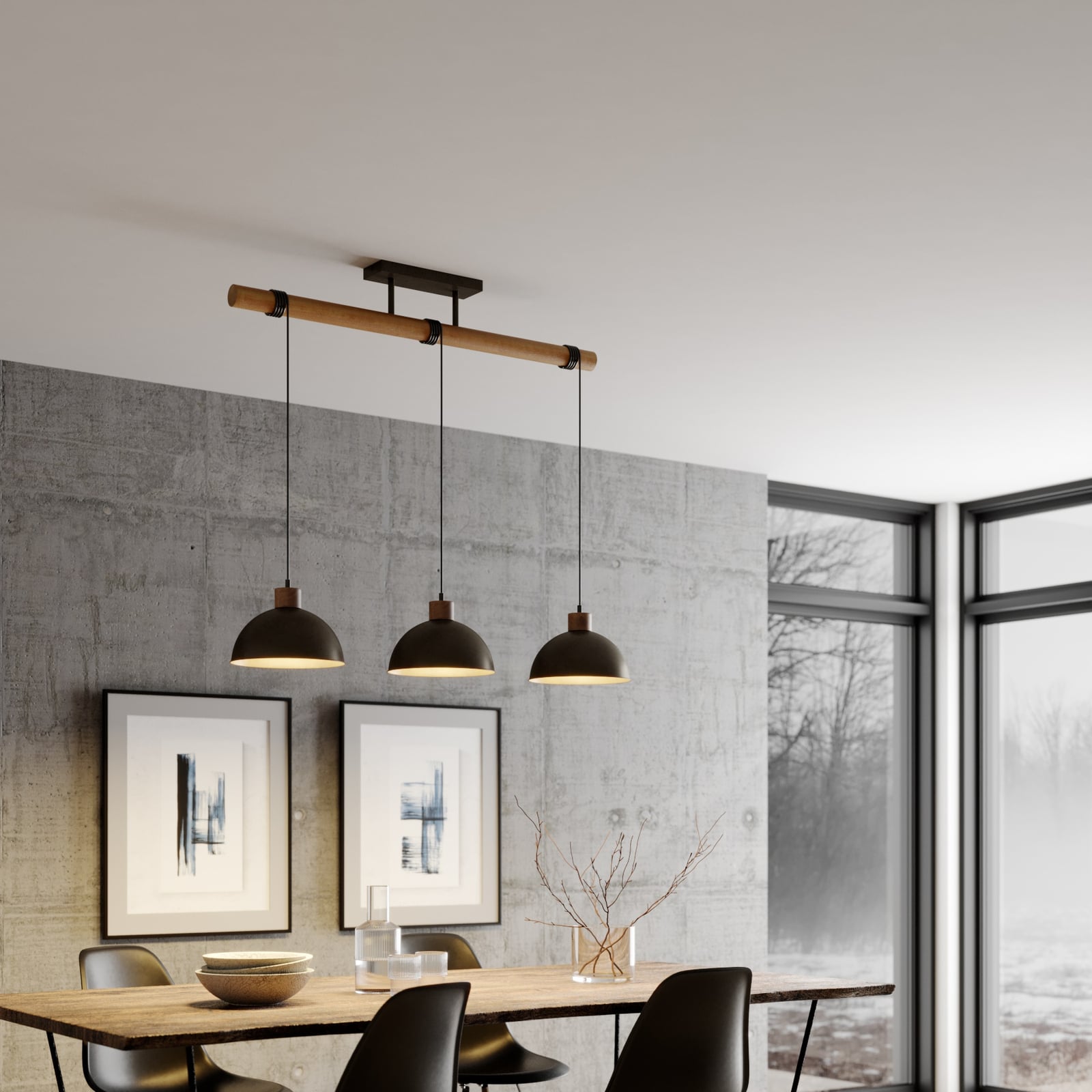 Lindby Hängeleuchte Holgar LED Pendelleuchte dimmbar grau Holz Metall E27 3-flg - 4251096571271