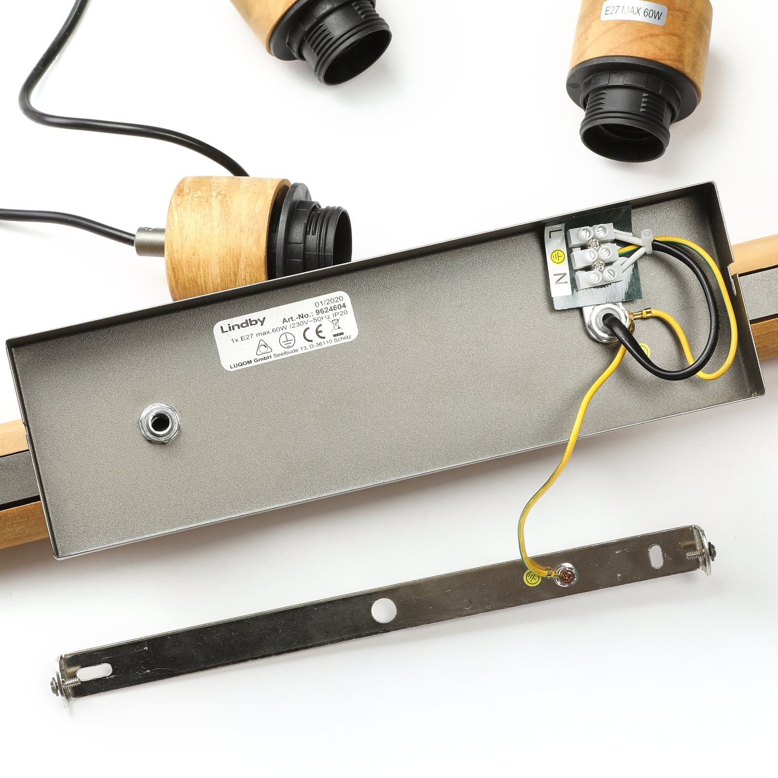 Lindby Hängeleuchte Holgar LED Pendelleuchte dimmbar grau Holz Metall E27 3-flg - 4251096571271